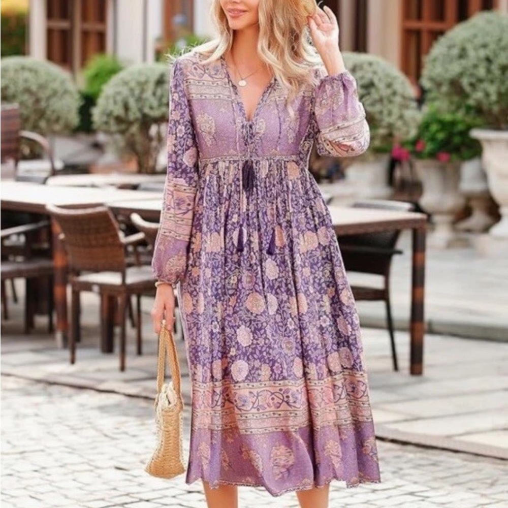 Soft Purple Boho Floral Midi Dress Size M Tassel Tie Cottagecore Paisley Slip On